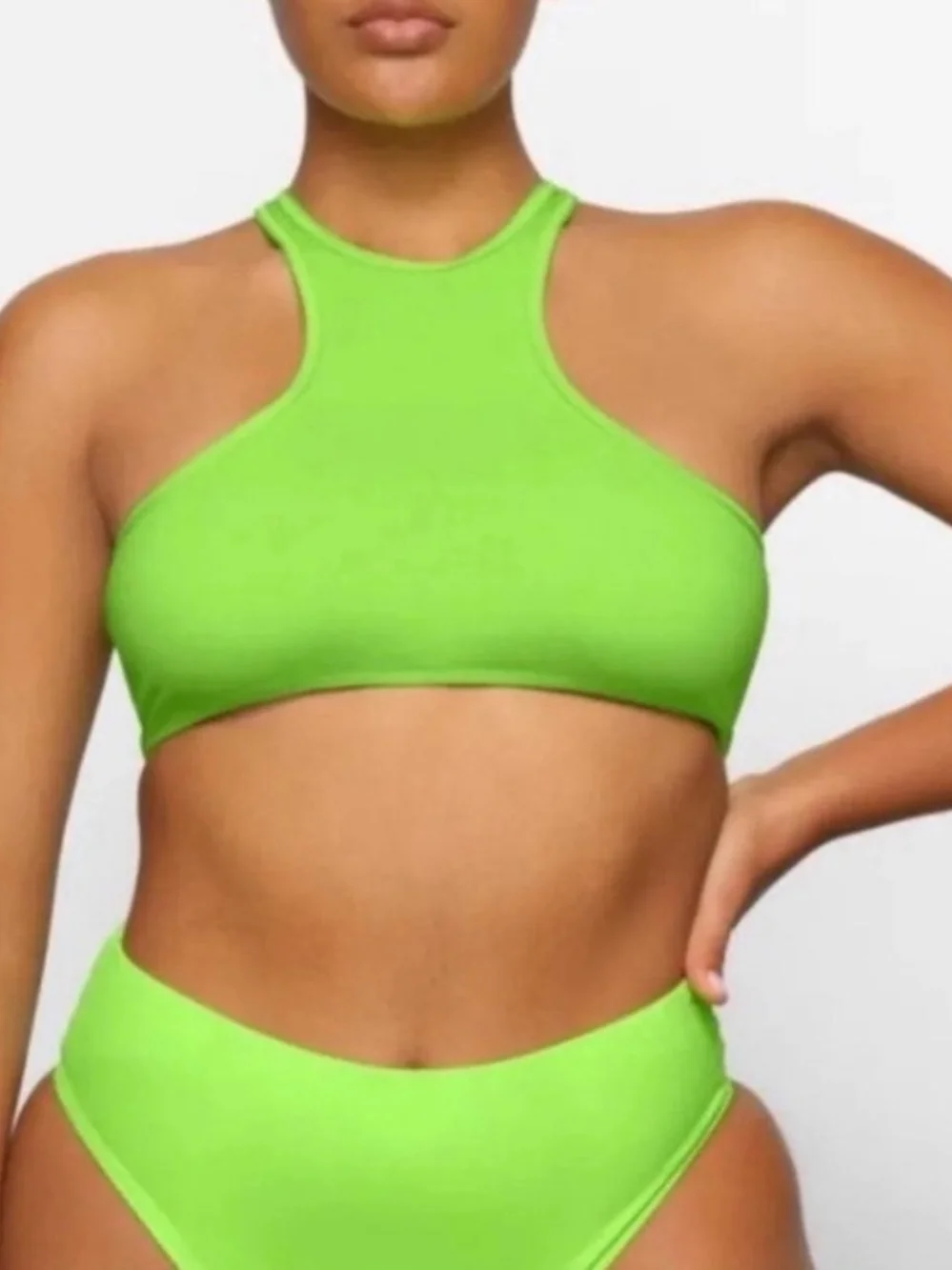 SKIMS Swim High Neck Racerback Bikini Top in Neon Green Size S